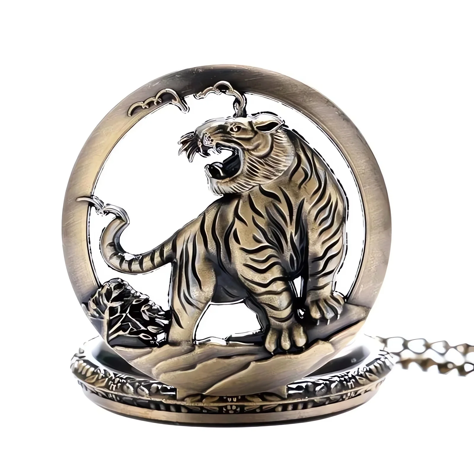 

Womens Men GIfts Bronze Tiger Hollow Quartz Pocket Watch Clock Necklace Pendant