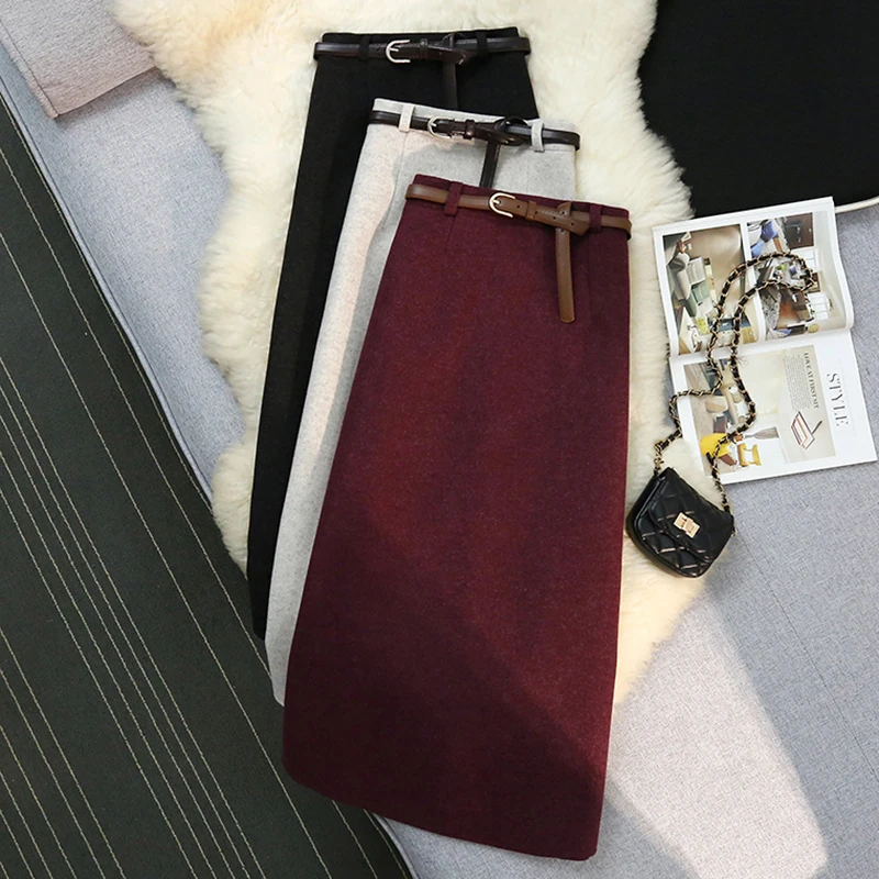 New Woolen Long Skirts For Women Retro High Waist Solid Straight Skirt With Belt Black Autumn Winter Popular A-line Woman Skirts