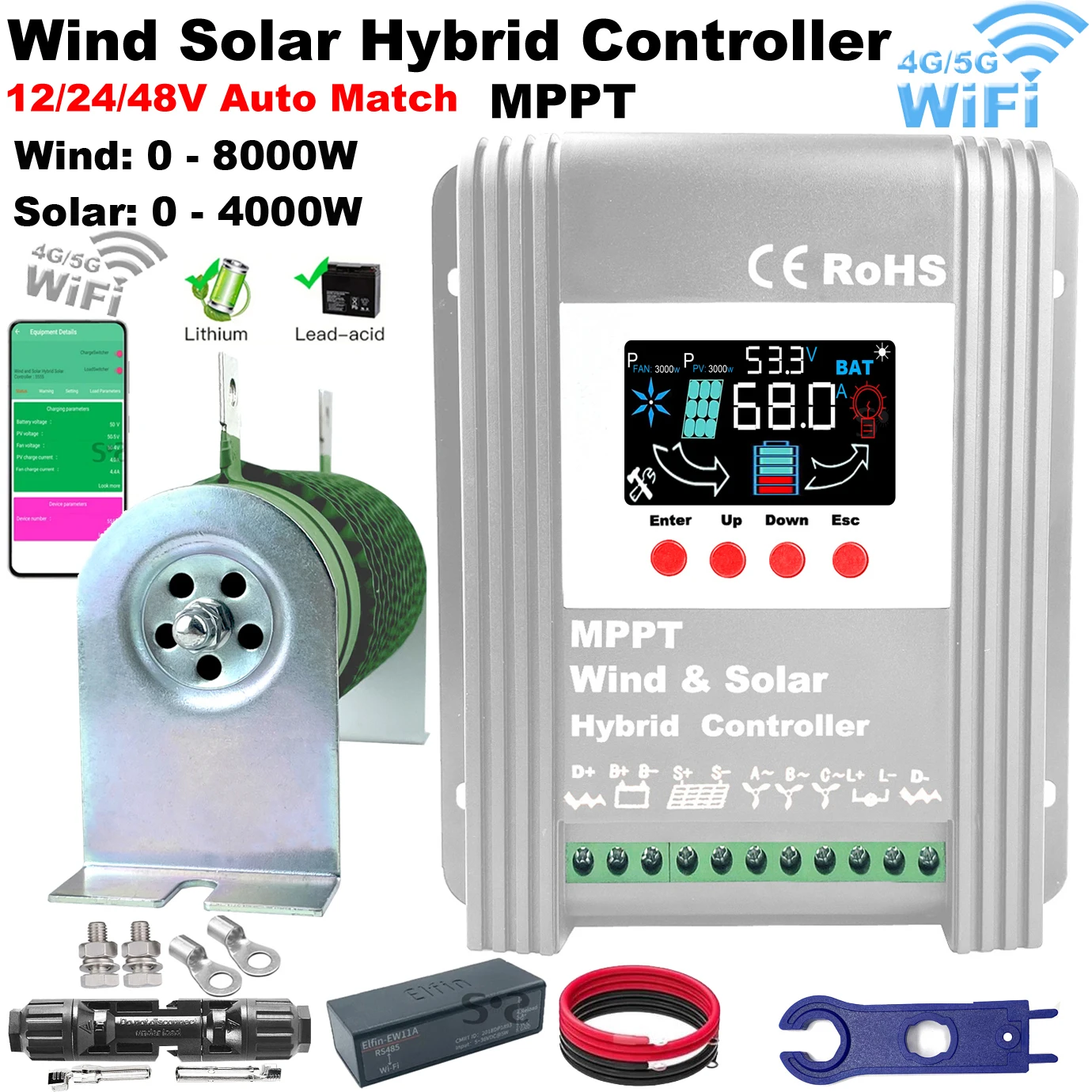 5000W 6000W MPPT Hybrid Wind Solar Charge Discharge Booster Controller For 12V 24V 48V Lifepo4 Lithium Lead Acid GEL Battery