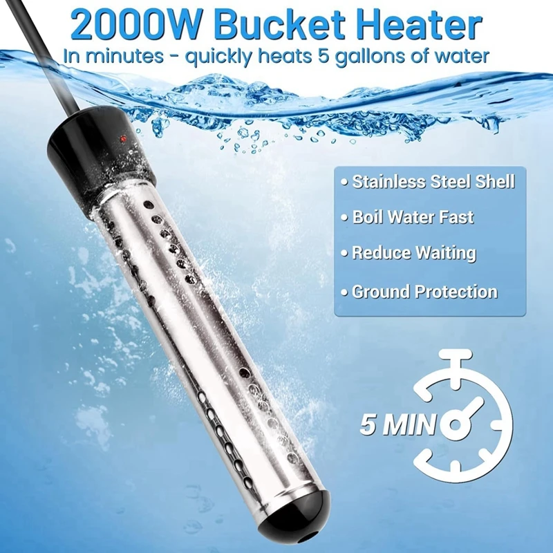 US Plug-2000W Immersion Water Heater,Submersible Bucket Heater Heat 5 Gallons of Water in Minutes for Home Bathtub Basin Retail