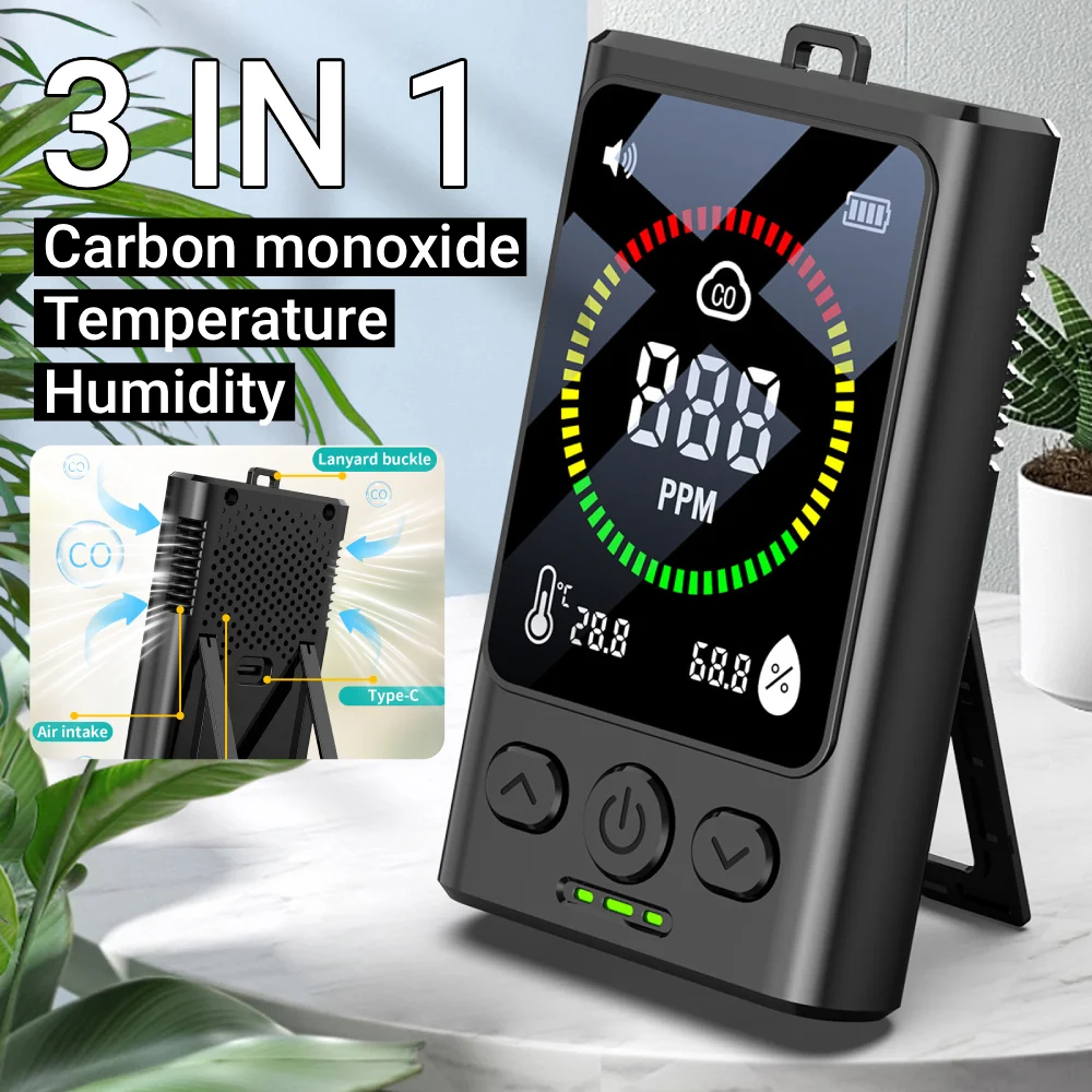 

3-in-1 Rechargeable CO Detector LCD Temp Humidity Monitor 0-999ppm Carbon Monoxide Alarm for Home Travel Hotel Indoor RV