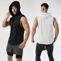 Sleeveless Running Vest Men Shirt with Hat Solid Color Cool Sleeveless Shirt Hooded Sweat Shirt Outdoor Gym Cycling Sports Wear