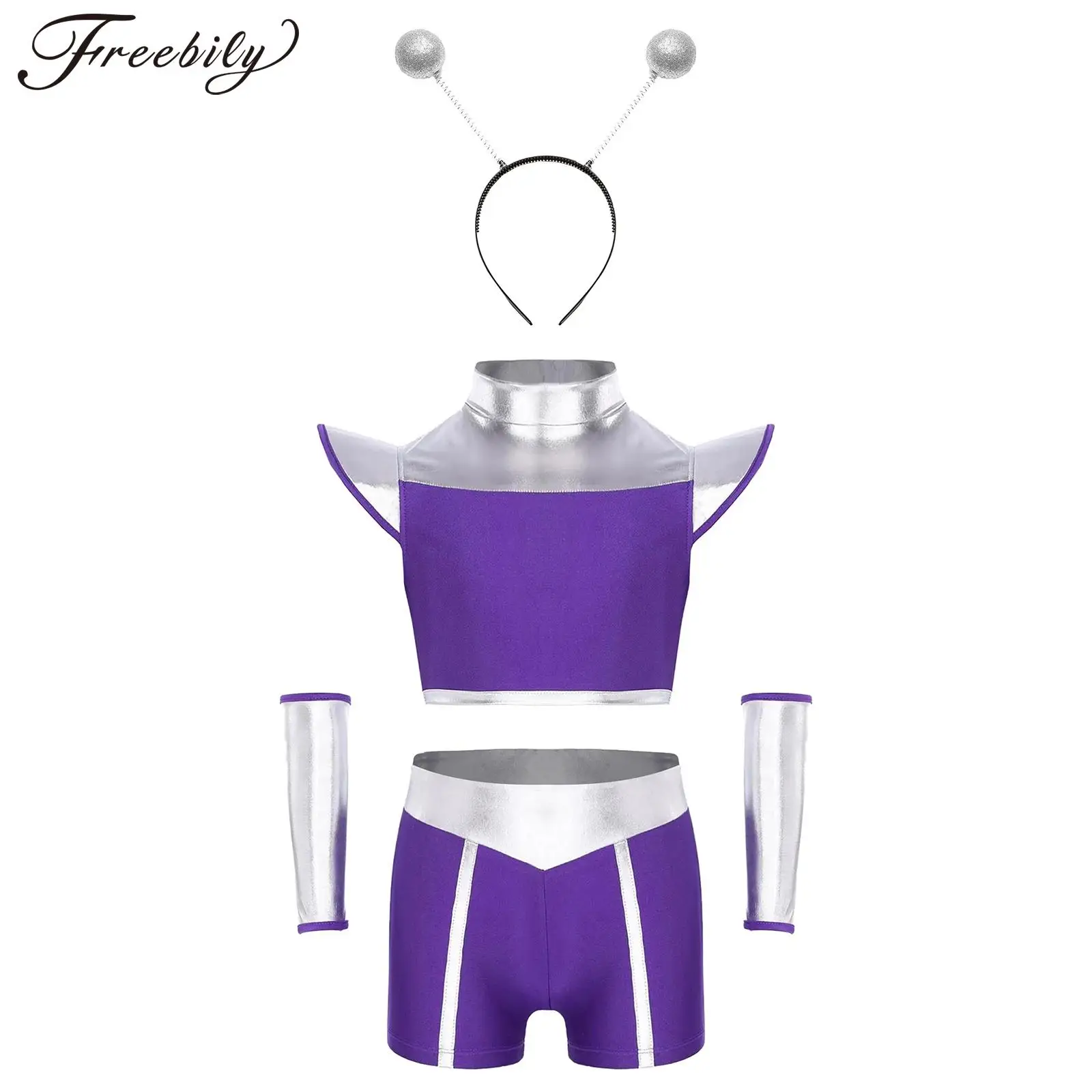 

Kids Girls Metallic Cosplay Alien Costumes Halloween Carnival Party Set Outer Space Outfits Astronaut Robot Warrior Dress Up