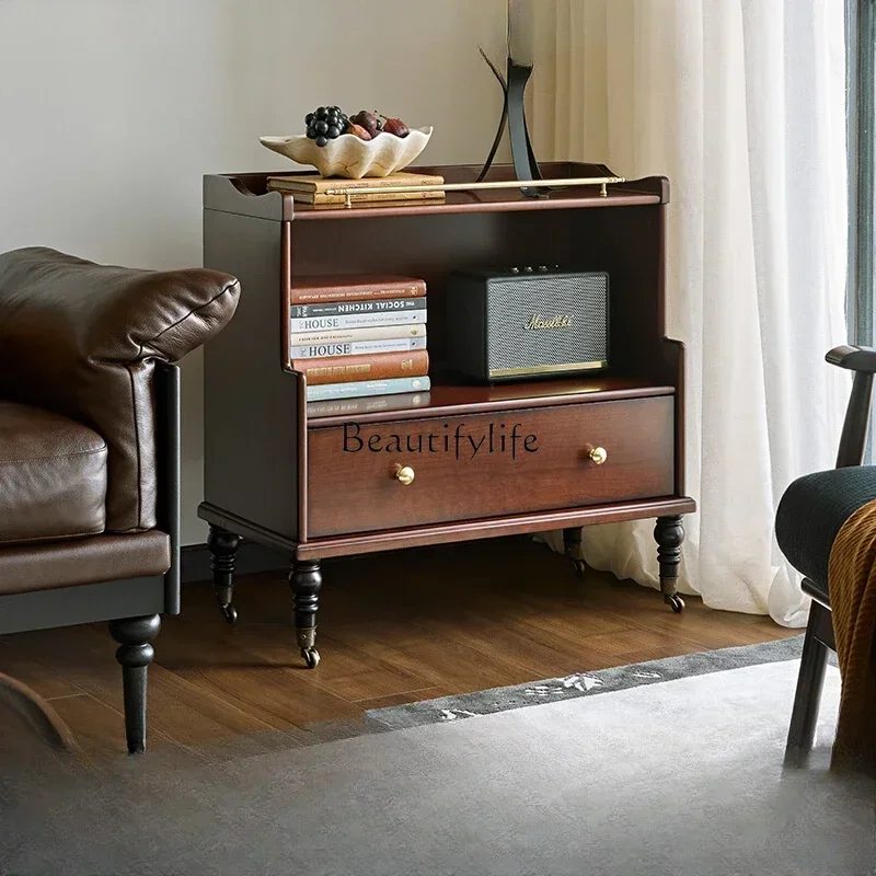 French retro solid wood removable bedside table with wheels mini TV side cabinet