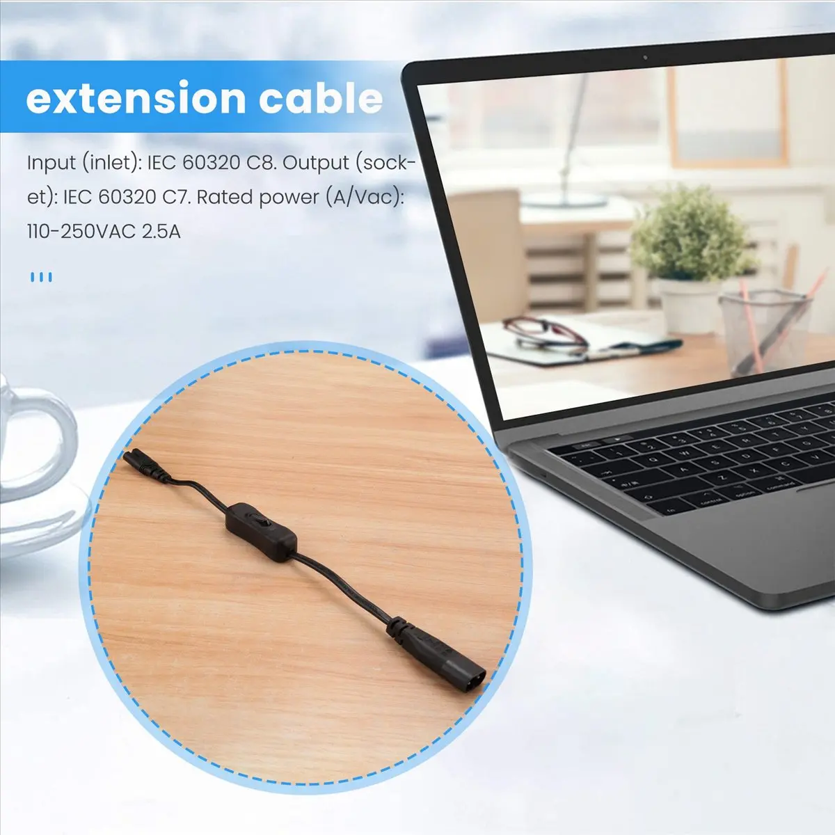 *A23G1205 Power Extension Cord, Iec320 C7 to C8 Power Adapter Extension Cord with Switch Control with 