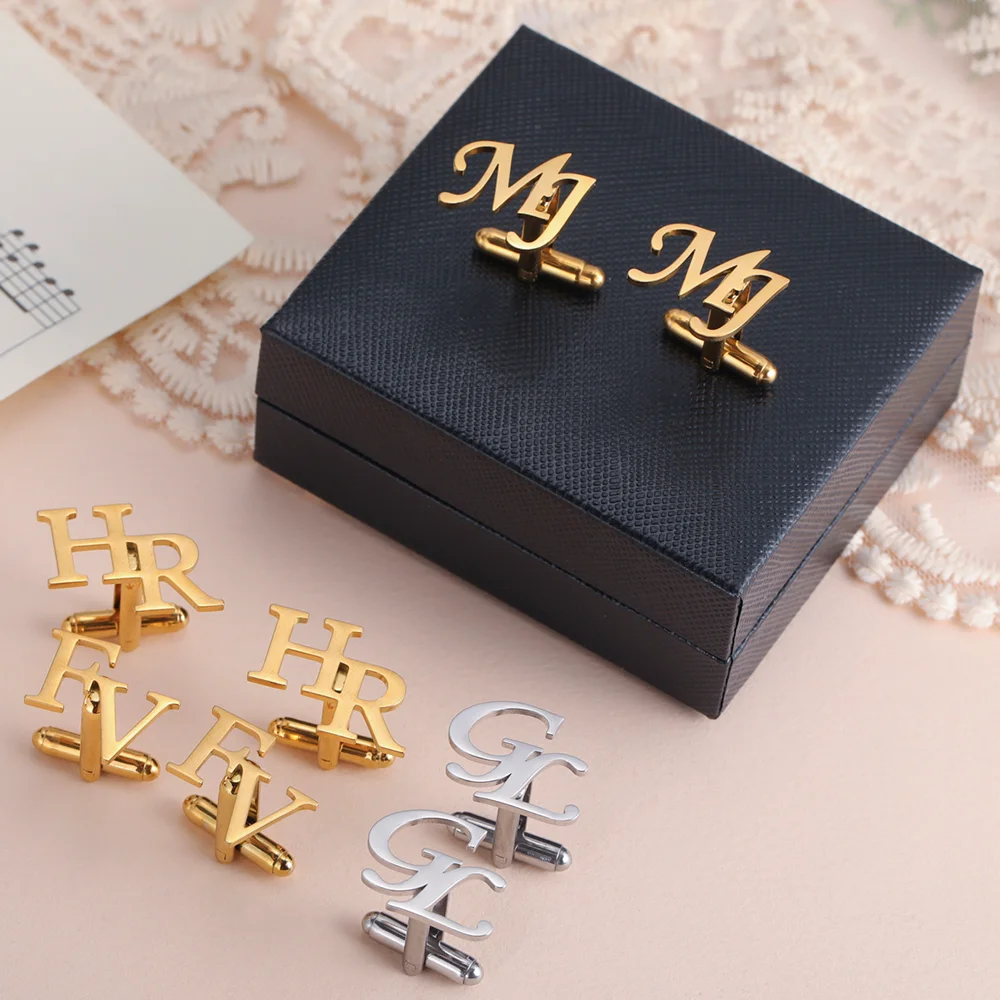 Stainless Steel Custom Initial Letter Cufflinks with Gift Box for Men Personalized Name Cufflink for Suit Shirt Wedding Gift New