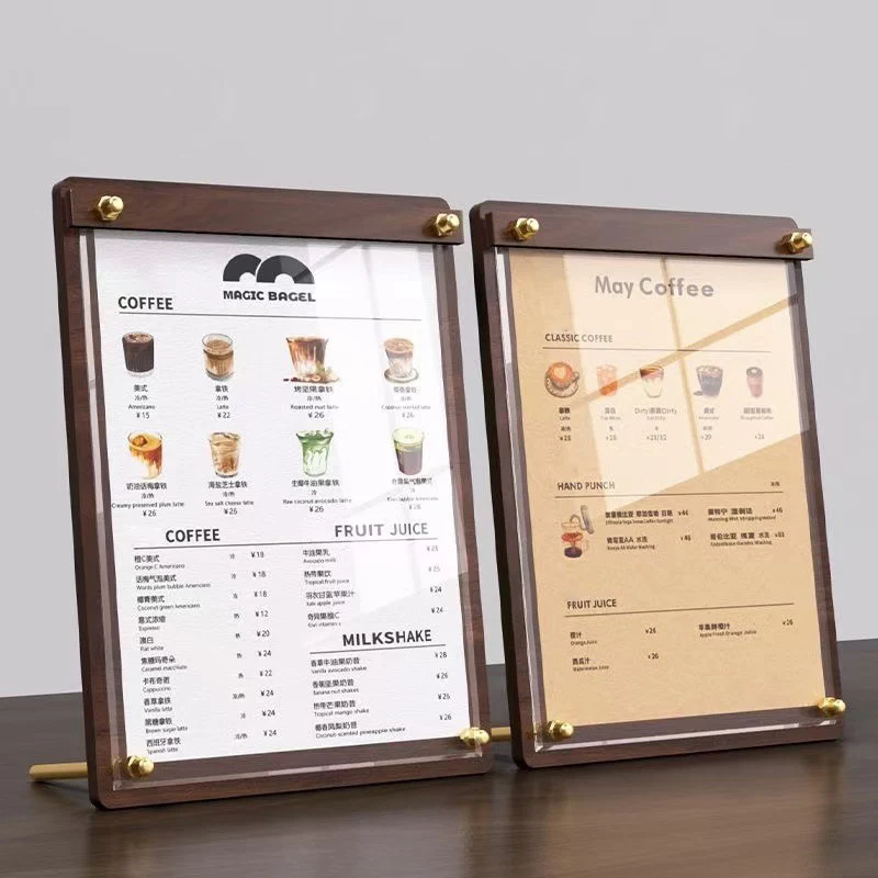 Custom A4/A5 Acrylic Wood Grain Menu Price List Display Stand for Milk Tea & Coffee Shop Order Sign Board Advertising Table Sign