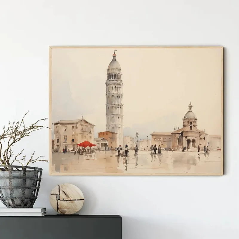 European Cityscape Canvas Print Set of Paris London Pisa Rustic Landmark Wall Art for Cafe Home Neutral Nordic Decor for Men