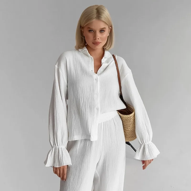 New Autumn Spring Women's Loungewear Set Casual Comfortable Long Sleeved Pajamas Trousers Pure White Cotton L Size Cozy Casual