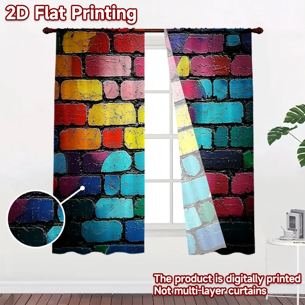 2D flat 2pcs Curtain Home Short Curtains Colorful Painted Brick Wall Digitally printed polyester, colorfast Party Decorations