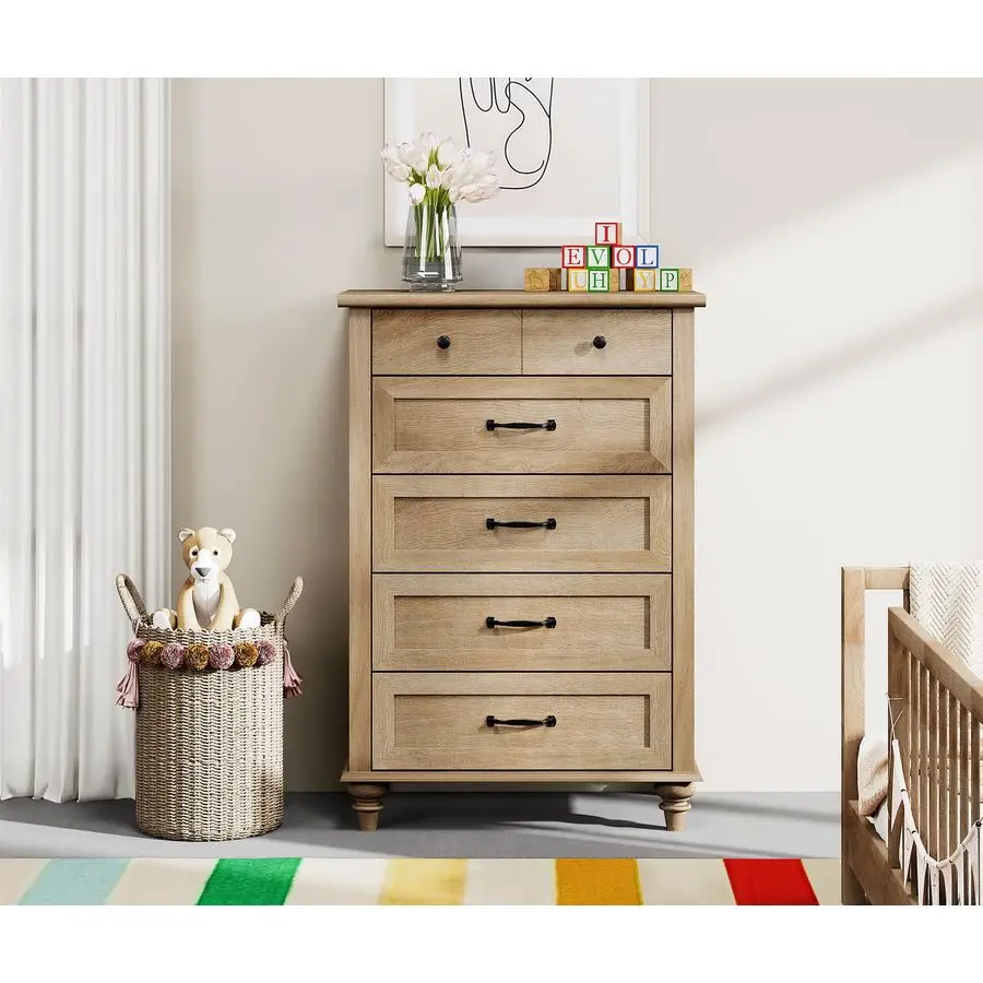 Oak Dresser for Bedroom with 5 Drawers, Tall Kids Dressers with Wide Chest of Drawers, Mid Century Modern Wooden Closet Storage