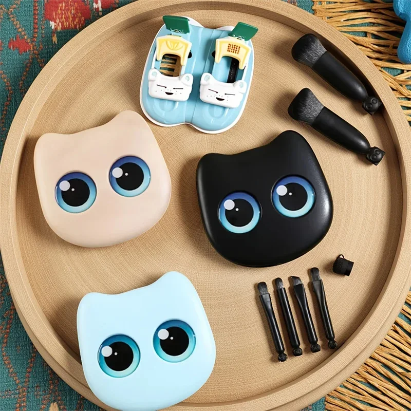 6Pcs Mini Travel Makeup Brushes Set with Mirror Cat Storage Box Travel Makeup Brushes Set Cosmetic Powder Blush Blending Brushes