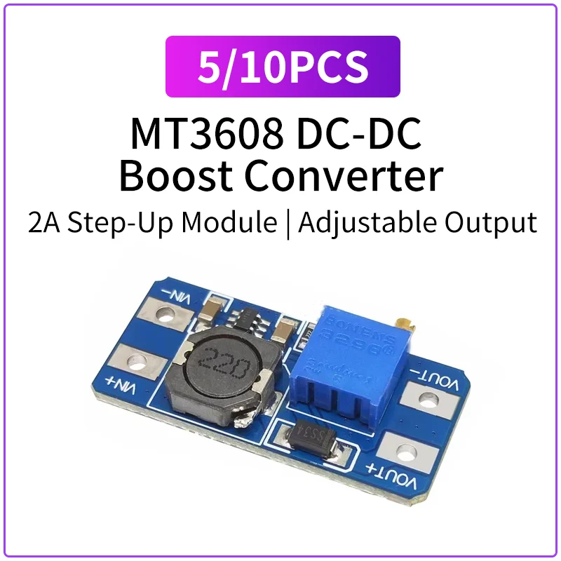 5PCS/10PCS MT3608 DC-DC Boost Converter Module 2A Step Up Power Board 2-24V to 5V 9V 12V Adjustable