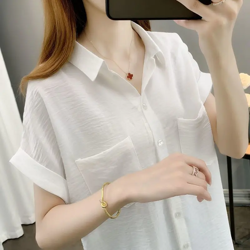 痩身効果 夏の新スタイル レディース半袖シャツ ルーズフィット 薄手素材 大きいサイズ ポロ襟 ボタンアップトップ