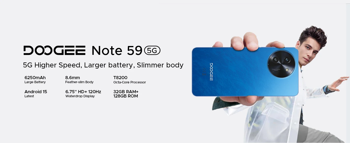 DOOGEE Note 59 5G Smartphone Android 15 NFC Cellphone 6.75" Screen 32GB (8+24) 128GB Unisoc T820 6250mAh Battery Mobile Phone