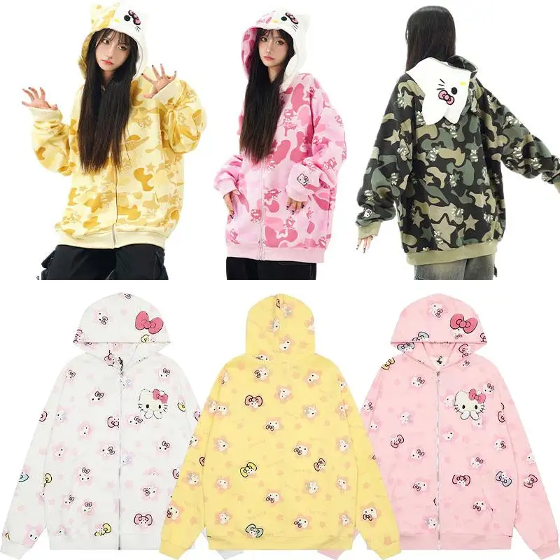 Kawaii Anime Hellokittys Cute and Sweet Full Printed Camouflage Cartoon Hooded Sweatshirt Zipper Jacket Cardigan for Girls