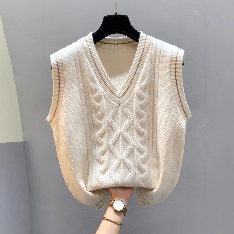 New Women's Pullover Knitted Vest Autumn Winter Warm Knitted Bottoming Shirt Female V-neck Loose Knitted Sleeveless Vest Jacket