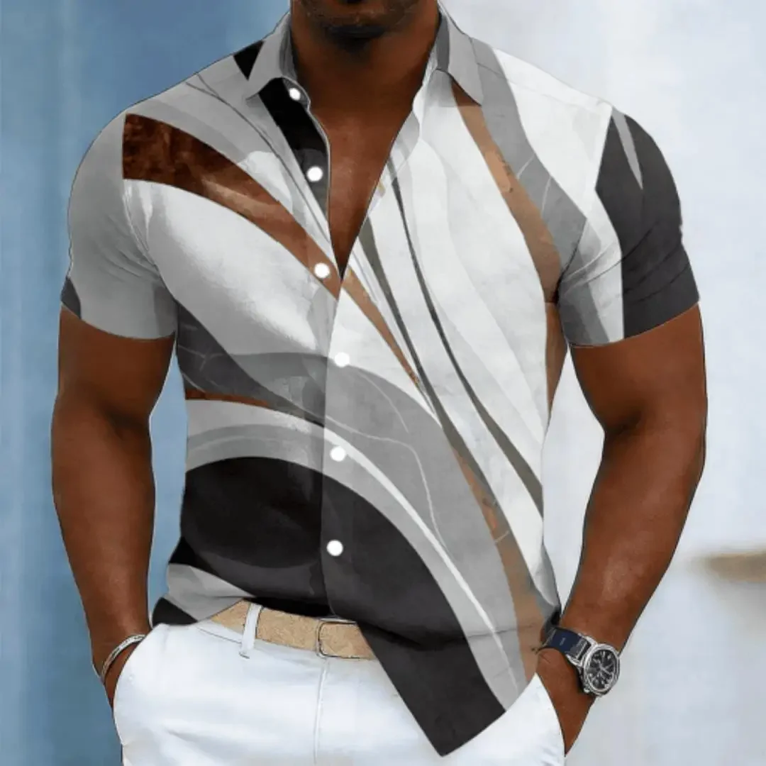 Men's Color Block Curved Geometric Print Short Sleeve Shirt, Spring Summer Casual Commute Turn-Down Collar Blouse, Loose Fit Top