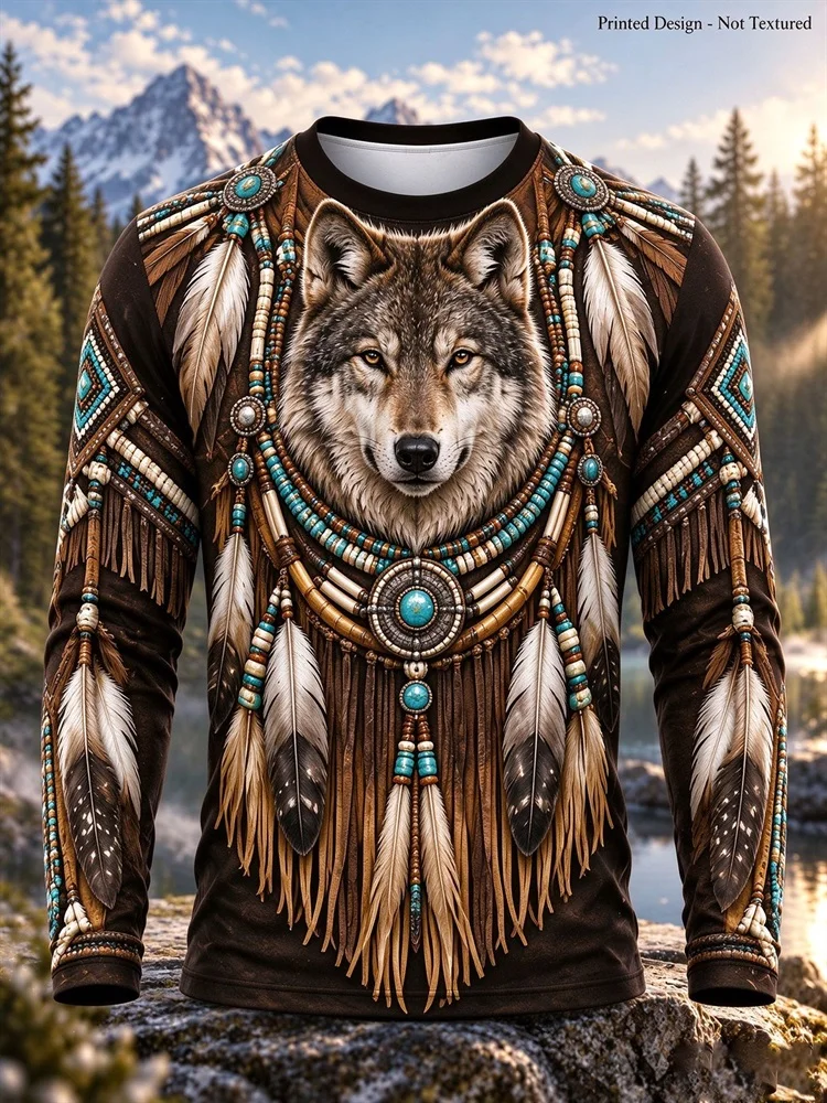 Men's Western Horse Long Sleeve T-Shirt Tooled Leather Turquoise Rope Horseshoe Desert Graphic Pullover Tops Gift New Hot