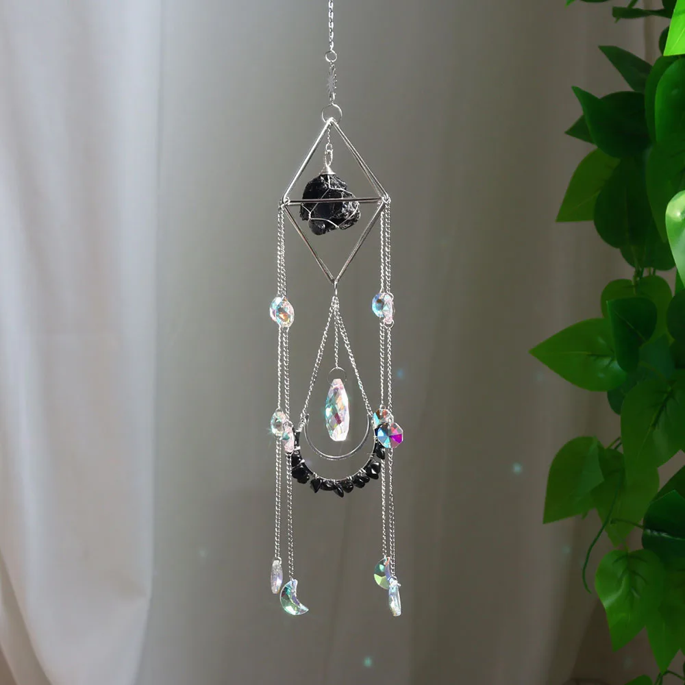 Custom Silver Geometric Frame Raw Black Obsidian Stone Crystal Sun Catcher - Glass Pendants Hanging Ornament for Window Decor
