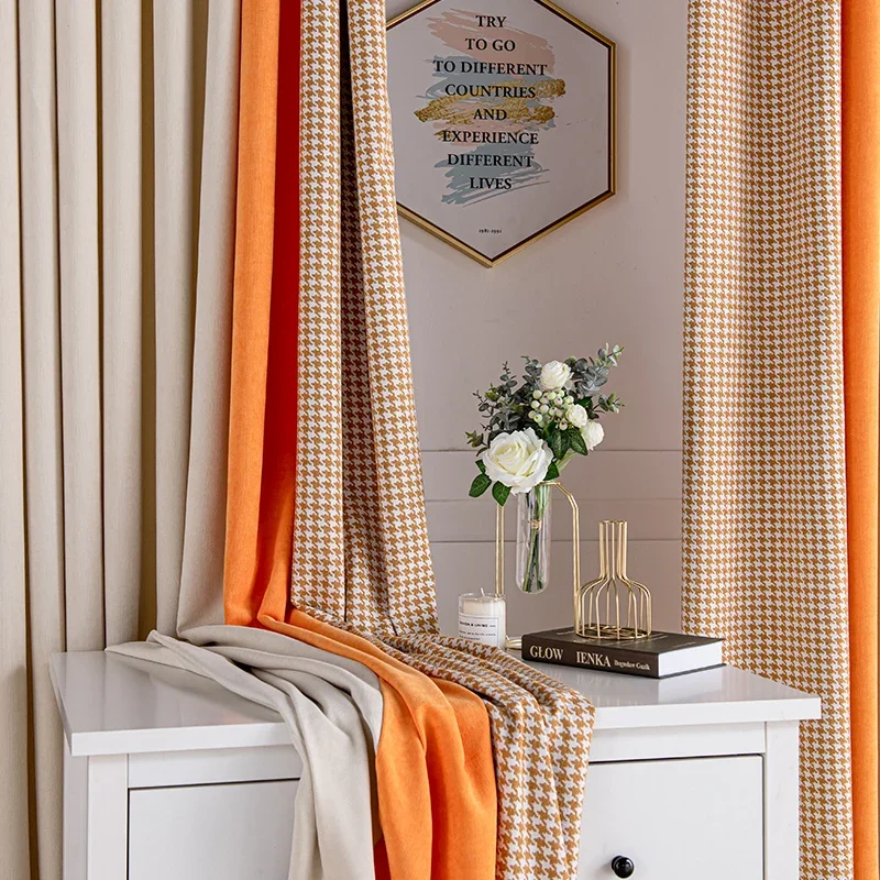 

High-end Shading Nordic Simple Houndstooth Color Matching Stitching Modern Light Luxury Curtains for Living Dining Room Bedroom