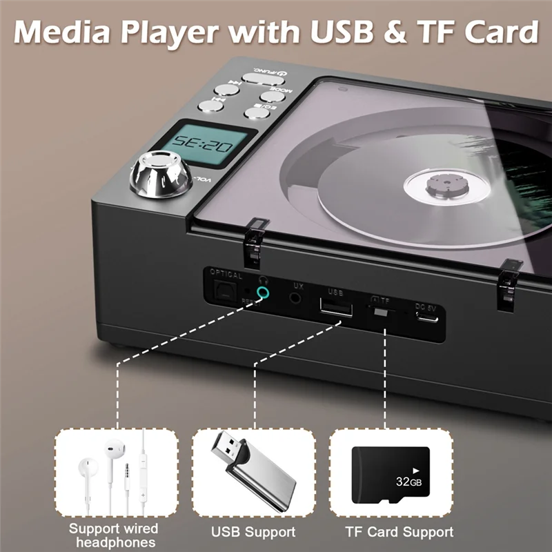 

A73E-Dual Speakers, Portable Bluetooth Retro CD Clayer Player, Hifi Sound Quality, Supports USB/TF Card/FM Audio