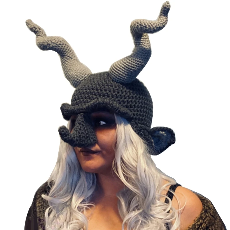 

Novelty Knitted Horn Cap for Women Men Unisex Costume Hat Pullover Facecovers Horn Hat Halloween Headgear Party Props