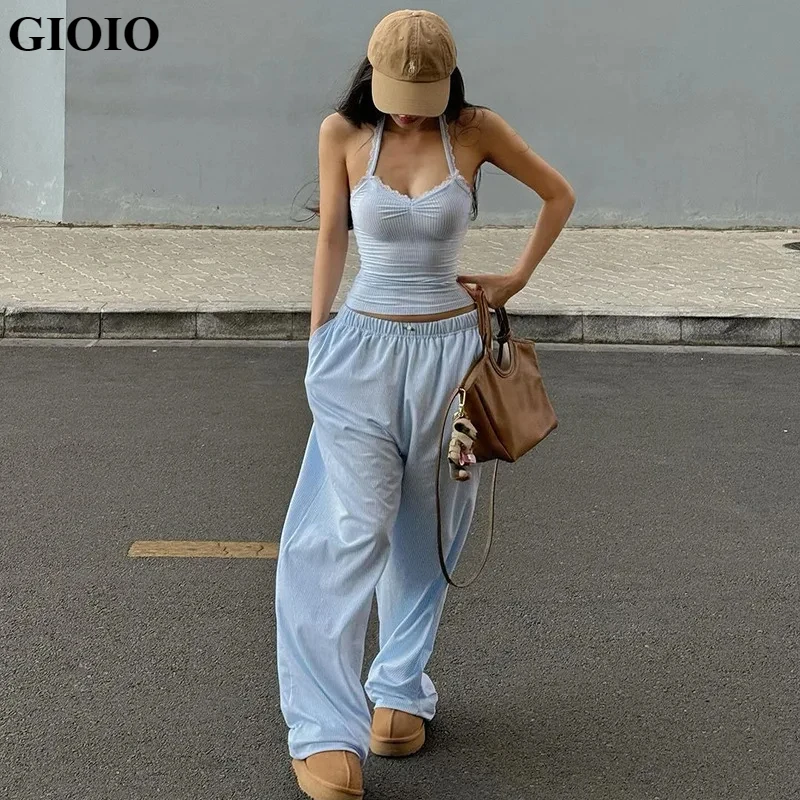 GIOIO 2024 Summer new striped print simple casual mid waist wide-leg loose trousers women