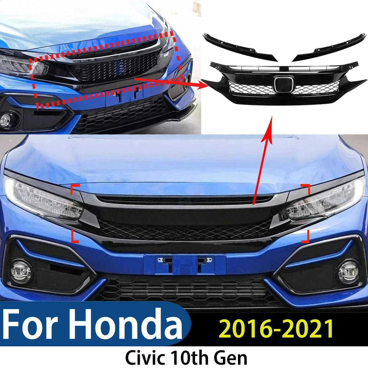 For Honda Civic 10th Gen 2016 2017 2018 2019 2020 2021 Car Front Bumper Racing Grill Grille Upper Hood Mesh Body Kit Exterior