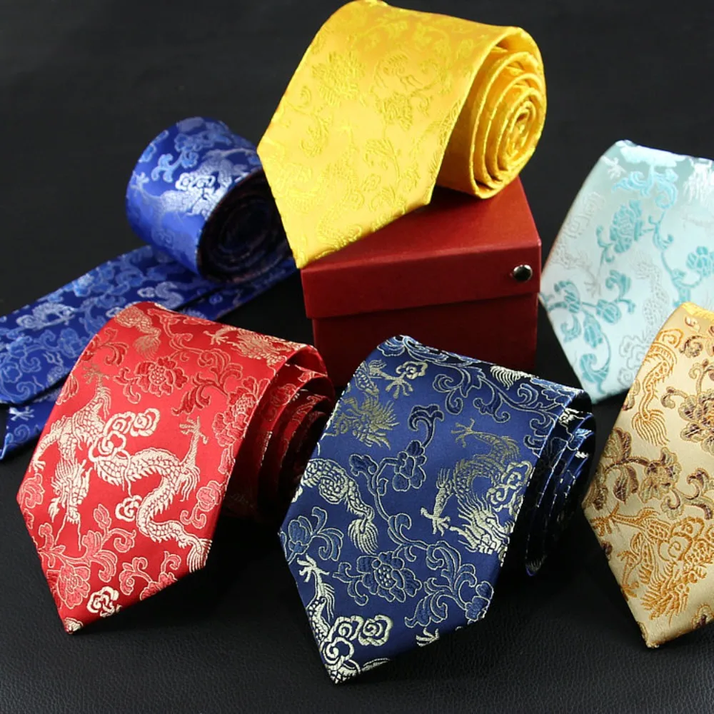 Fashion Calligraphy Chinese Dragon Pattern Tie Adjustable National Jacquard Silk Tie Hand Tied Soft Men Necktie Groomsman