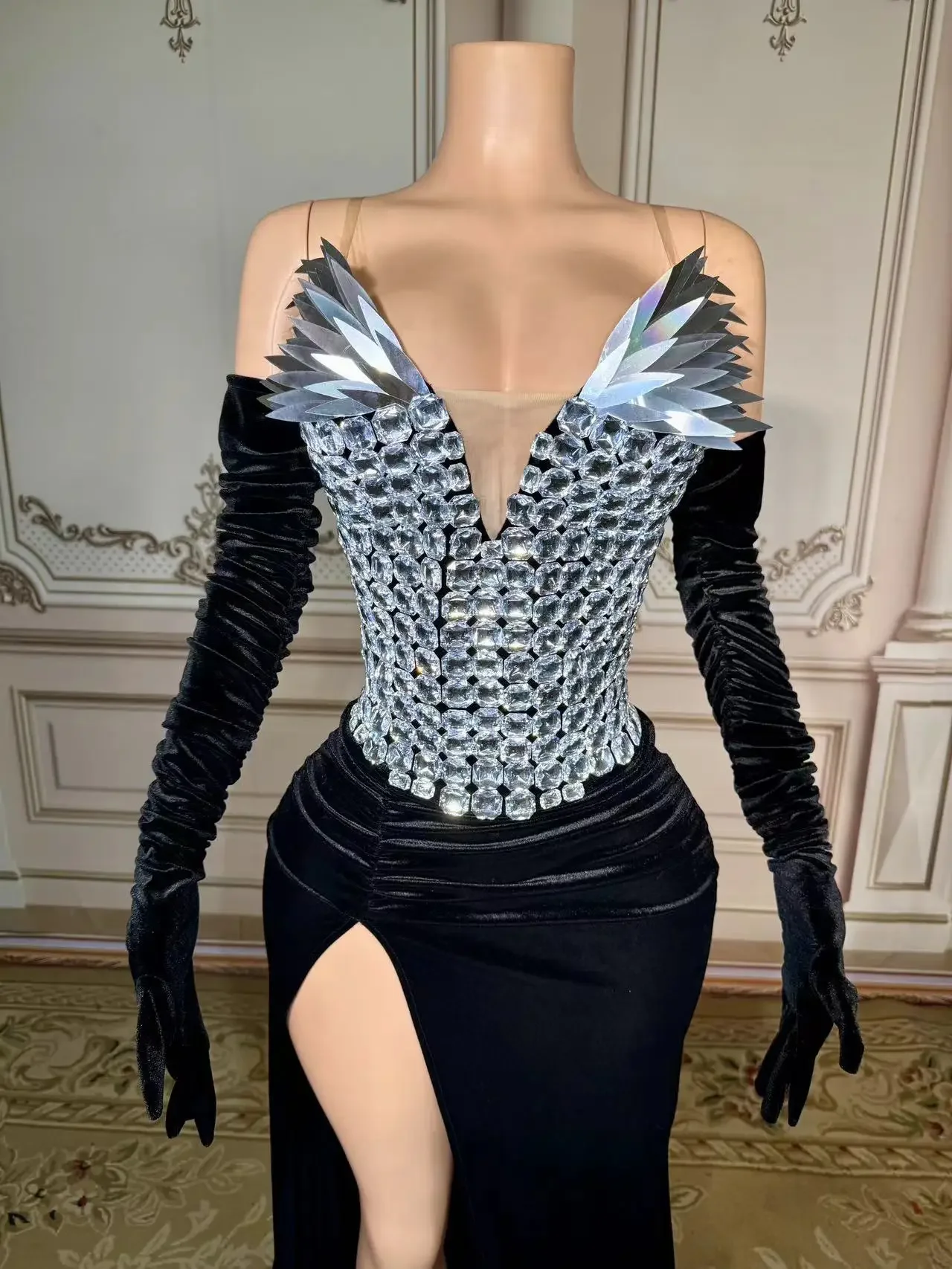 

Rhinestone Elegant Evening Dress Women's Sexy Club Party Strapless Clothing Luxury With Gloves