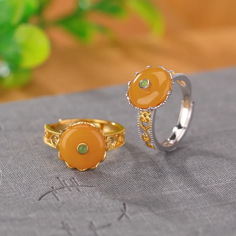 

S925 Sterling Gold-Plated Hetian Jade Jasper Amber Peace Ruyi Hollow Silver Ring