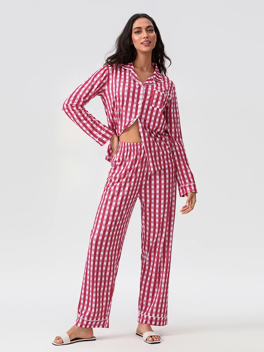 Women s Plaid Pajama Set Cozy Long Sleeve Button-down Top with Comfy Pants for Relaxing Sleepwear and Loungewear