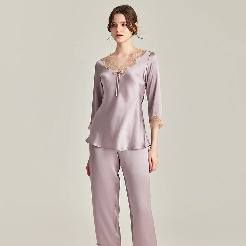 

100% шелковая пижама с рукавом три четверти, тонкая ночная рубашка с кружевной отделкой, одежда для сна для путешествий, отеля, пижама из чистого шелка, комплект из двух предметов