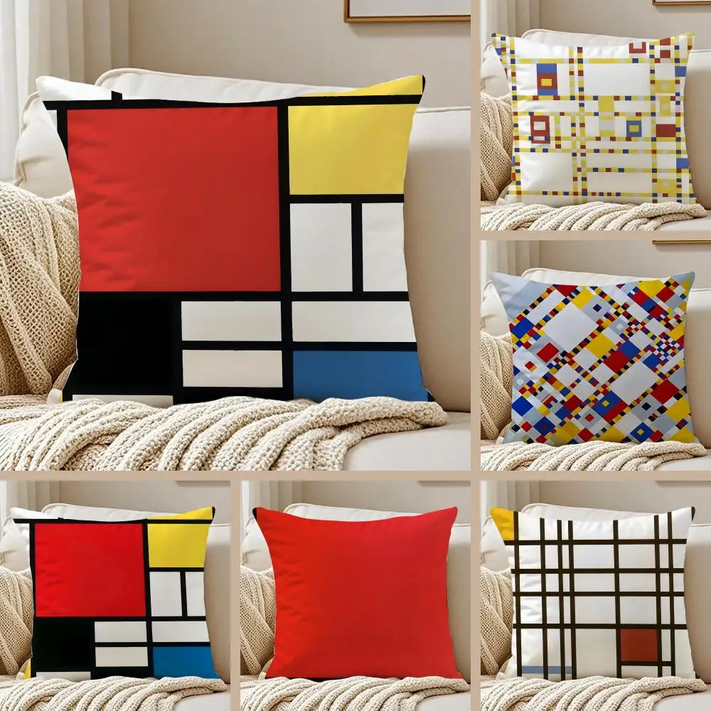 Classic bright simple P-Piet Cornelies Mondrian Cushion Cover Pillowcase Anti-dustmite Invisible Zipper Short Plush Sofa Cushion