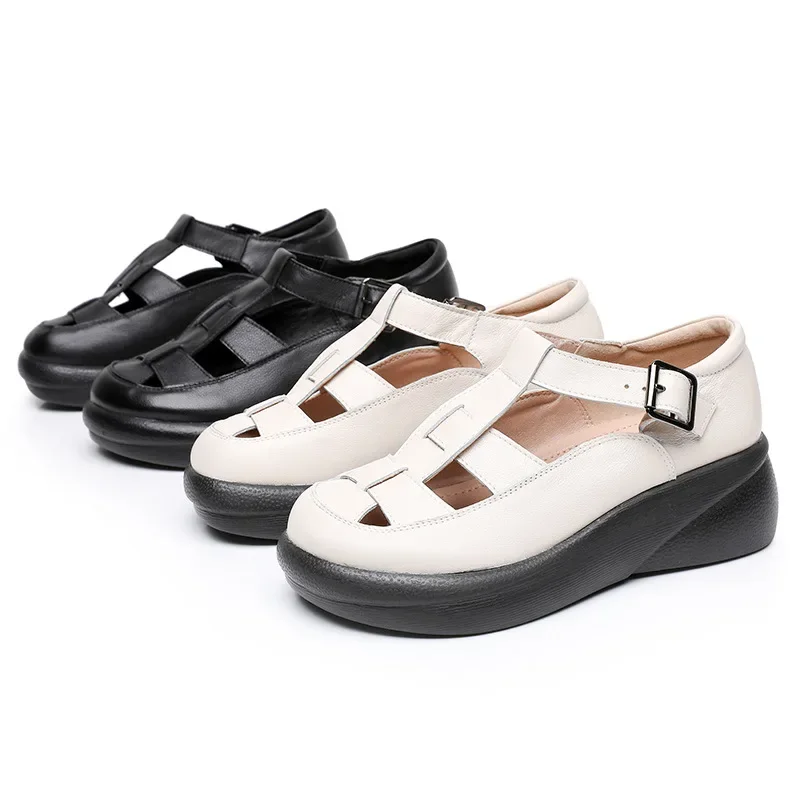 Summer Superior Cowhide Round Woven Women Genuine Leather Sandals Roman Shoes 2024 Large Size Thick Sole Wedges Sandals