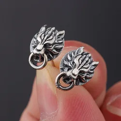 Vintage Silver Color Circle Wolf Head Stud Earrings for Men Women Animal Earrings Gothic Punk Ear Jewelry Accessories Gifts