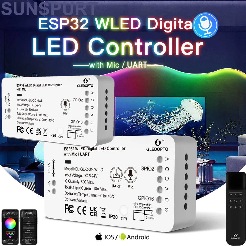 

5GLEDOPTO-LED Light Strip Controller ESP32 APP Control 100 Dynamic Lighting Modes WLED 5-24V WS2812B WS2811 SK6812 TM1814 WS2815