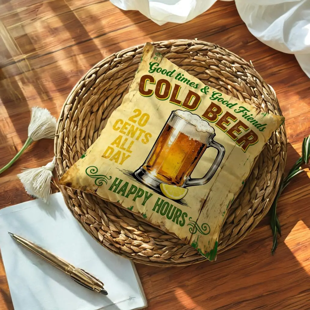 Retro Beer Sign Pillowcase, Cold Beer Mug Cushion Cover, Vintage Bar Pub Decor, Man Cave Party Gift, Happy Hours