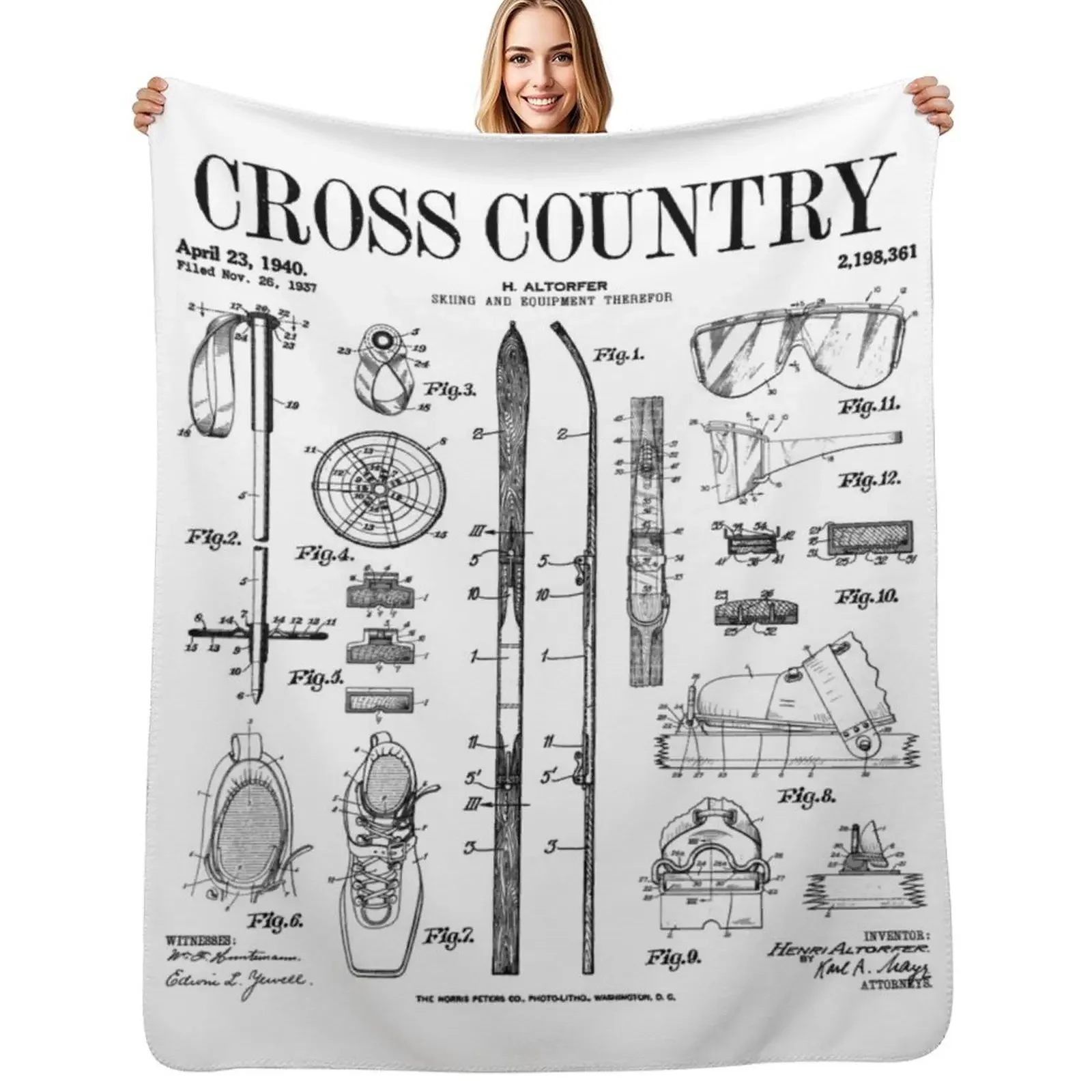 

Cross Country Nordic Skiing Ski Vintage Patent Skier Print Throw Blanket Quilt Thin Luxury Thicken Designers Blanket