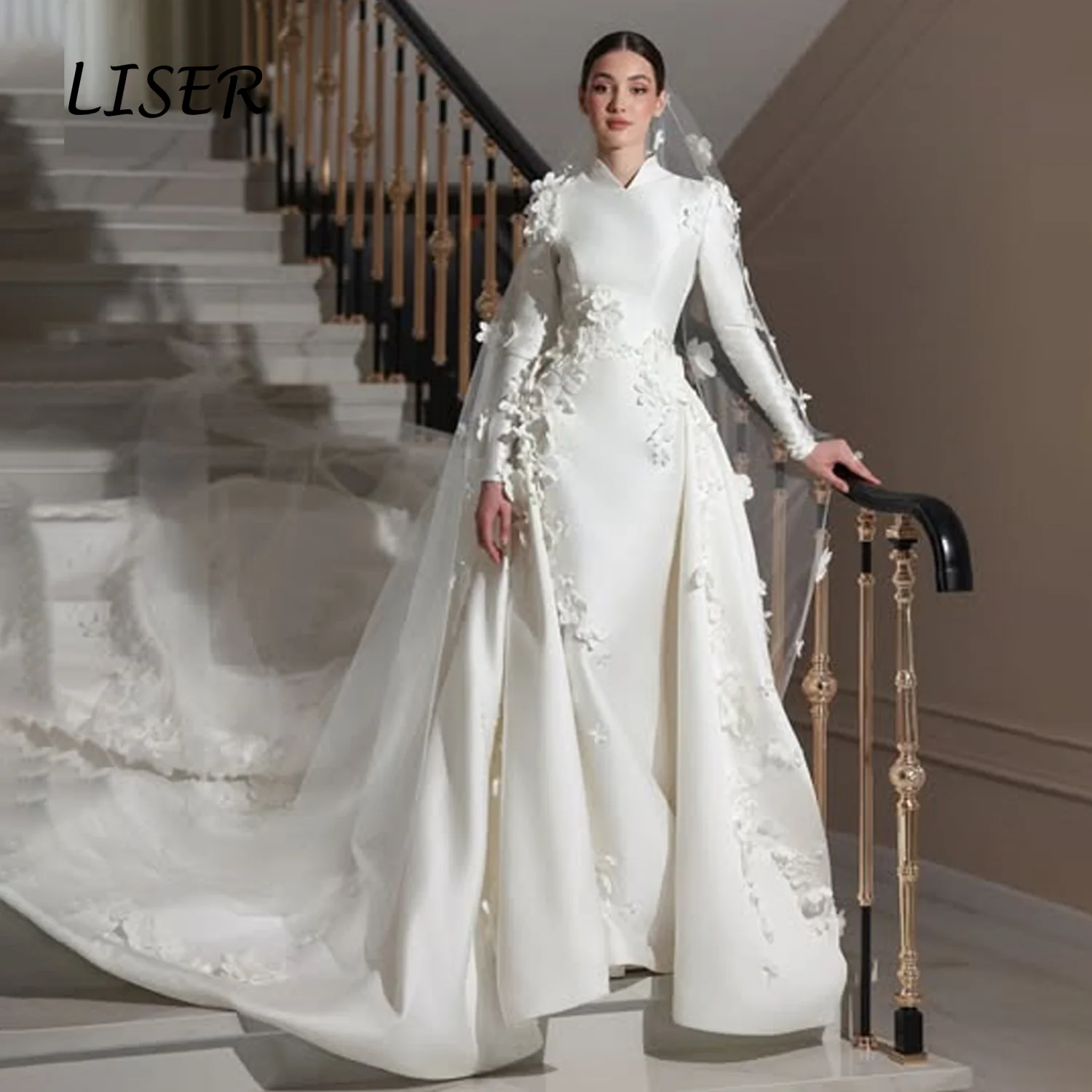 Liser Customized Ivory Mandarin Collar Long Sleeve Satin Wedding Dress 3D Floral Appliques Detachable Overskirt Long Train 2026