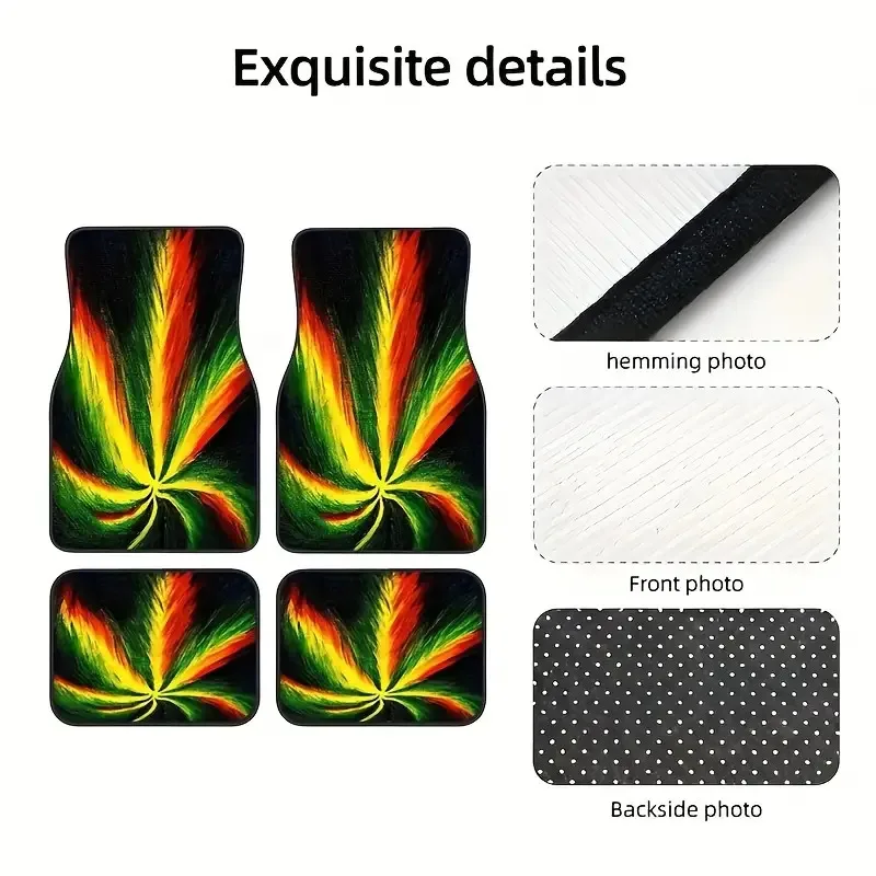 Set Of 4, Car Floor Mats In Reggae Rasta Colors, Easy To Clean Carpet Additions, Fits Front And Rear Seats Of Vehicles