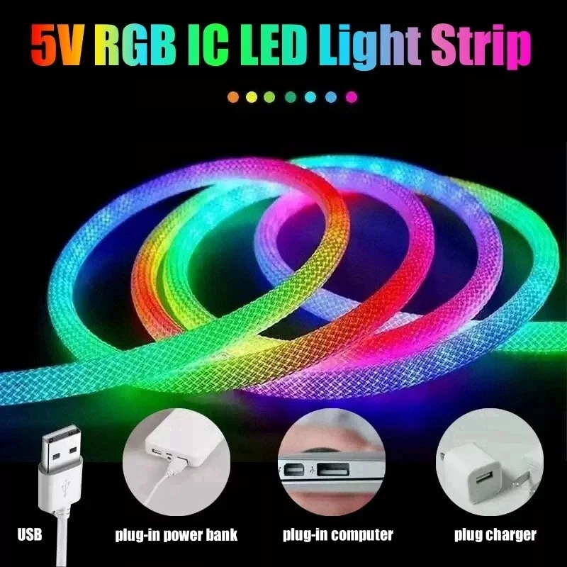 5M 200LED WS2812B WS2811 DC5V Round Reticulate Pattern Neon LED Strip 360 Degree Smart RGBIC Flexible Silicone Light Tape IP67