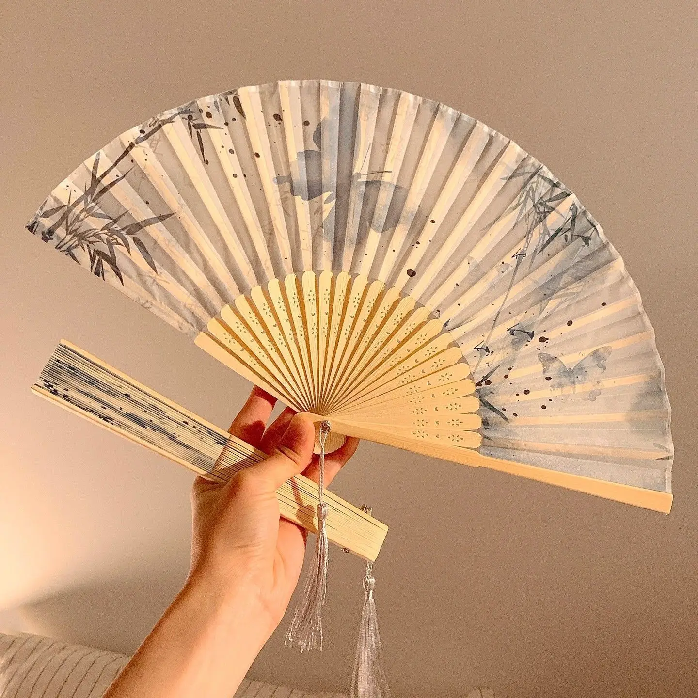 Personalized Custom Logo Text, Laser-Engraved Names and Dates, Chinese Ancient Style Ink Painting Folding Fan, Exquisite New Chinese Style for Summer, Hanfu, Cheongsam, Dance, Ancient Style Photography, Portable Handheld Bamboo Fan view 3