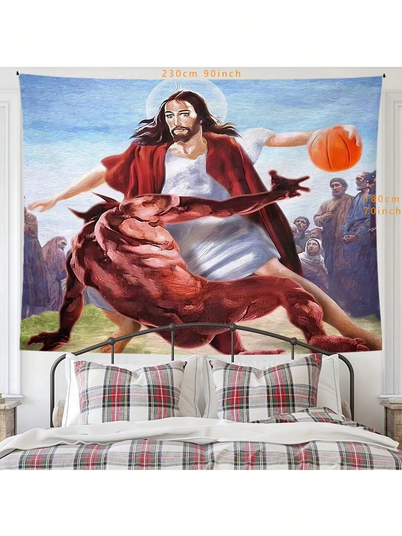 Christian Humor Tapestry Jesus Satan Basketball Print Abstract Wall Art for Bedroom Man Cave Party Decor Flat Print Design