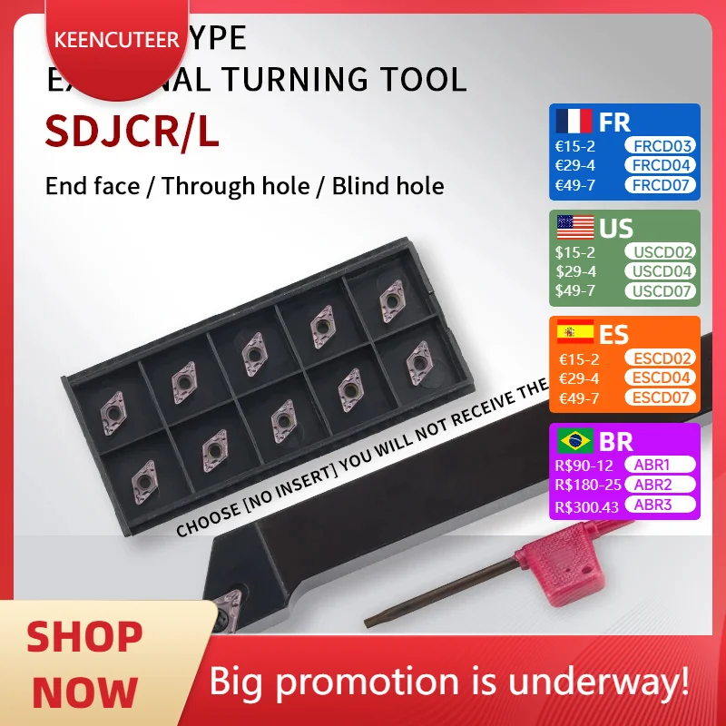 

SDJCR/L SDJCR1212/1616H11 SDJCR2020K11 SDJCR2525M11 External Turning Tool Holder DCMT11 Carbide Inserts Lathe Cutting Tools Set