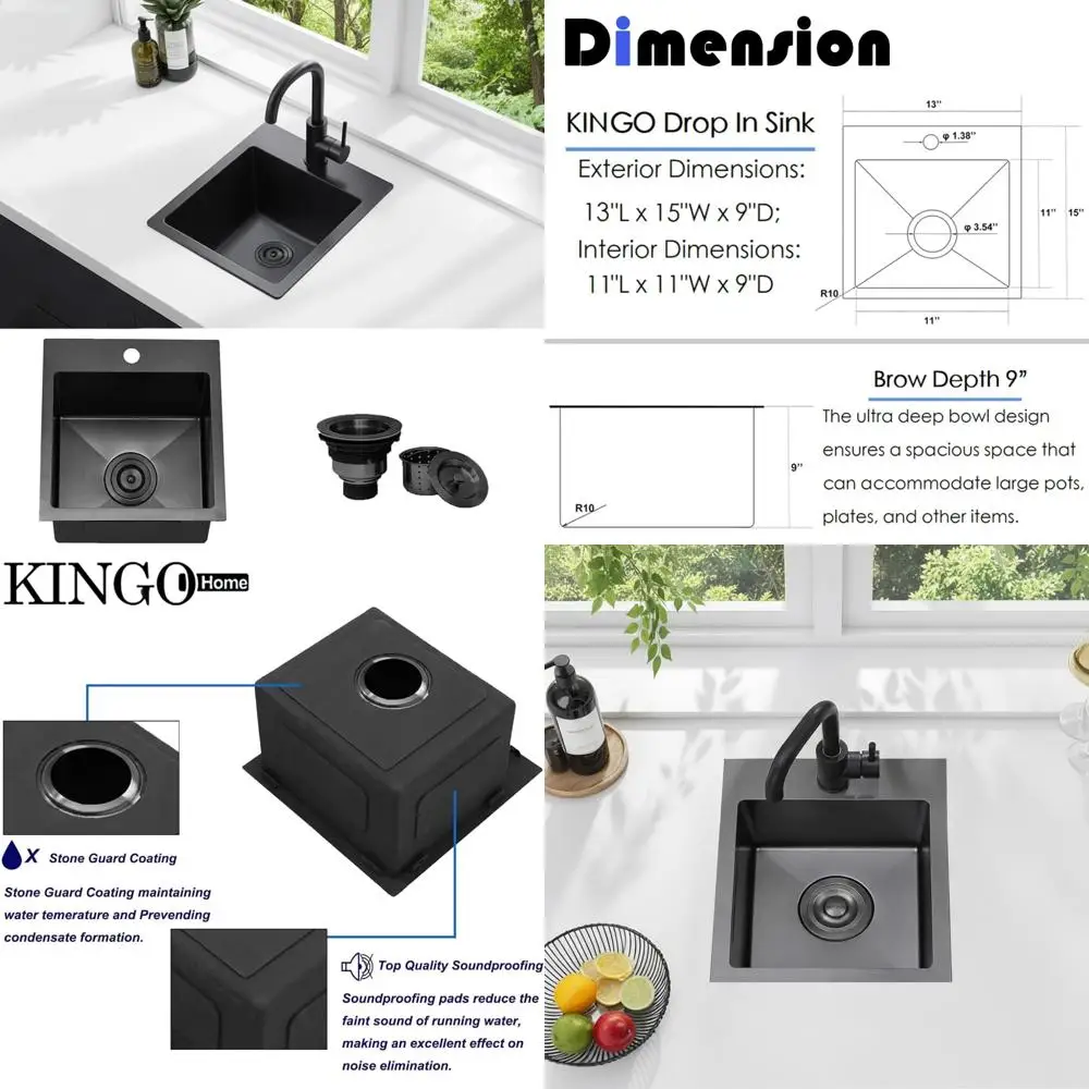 

Gunmetal Black Stainless Steel Single Bowl Kitchen Sink, 13x15 Inch Top Mount RV Sink, 16 Gauge, Small Size for RVs and Compact