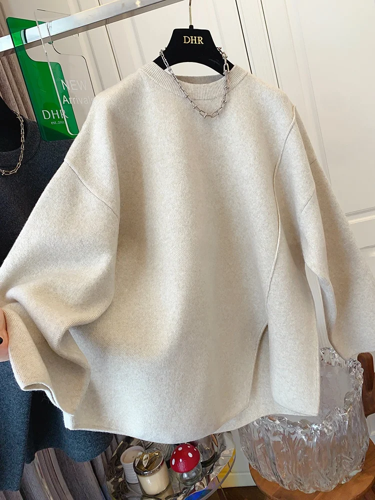 

Свитер женский больших размеров (300 Pou) с разрезом, вязаный, с длинным рукавом, свободного кроя, осенне-зимний, для полных женщин, комфортный, дышащий, повседневный