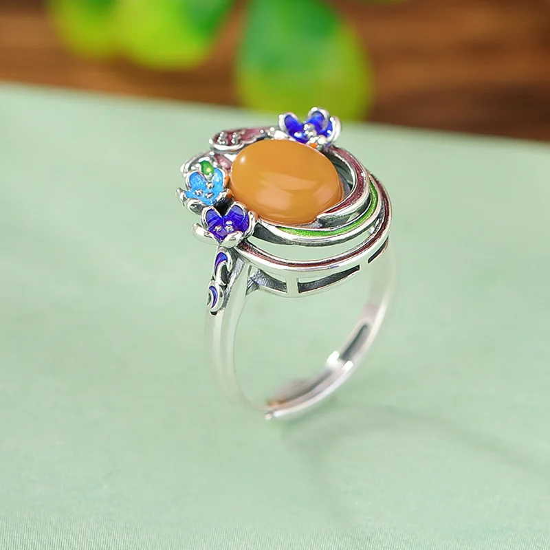 S990 Silver Amber Blue Burnt Magpie Plum Blossom Surface Cloisonn Ring