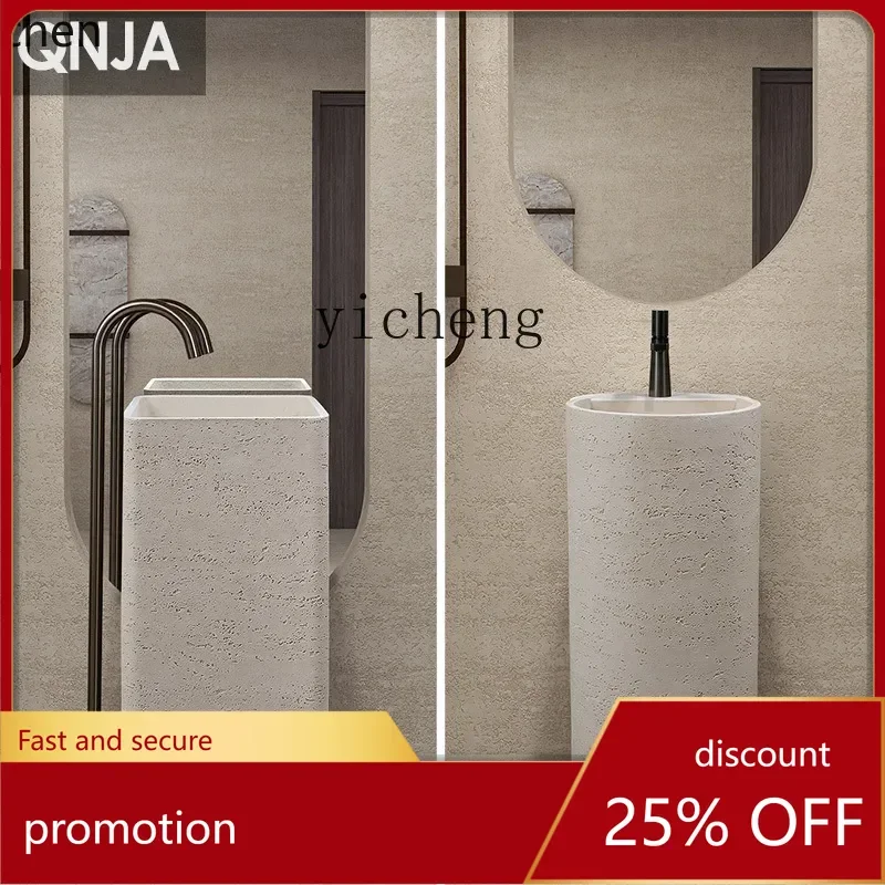 

HT Floor-Standing Artistic Wash Basin with Column, Travertine Stone Washstand